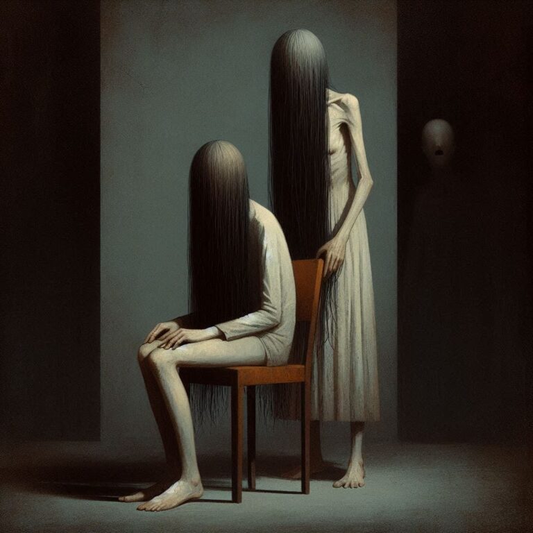 Surreal Emaciated Figures in Dark Room