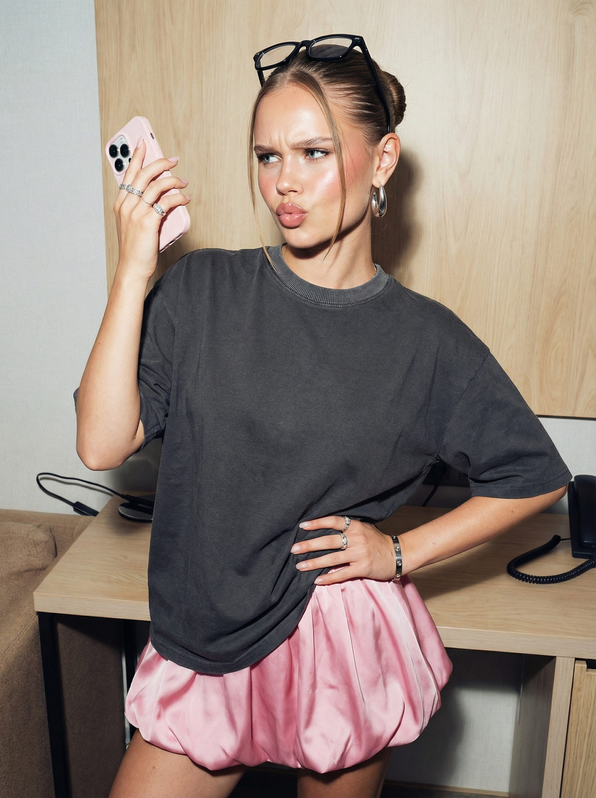 Grey Tee Pink Skirt Fashion Shoot