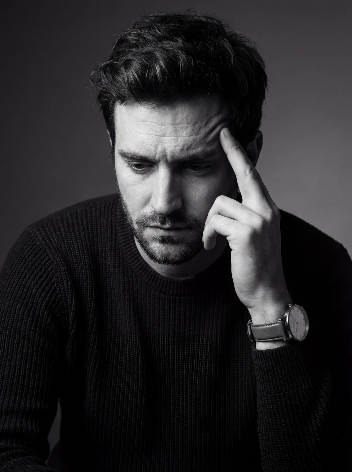 Contemplative Monochrome Portrait in Studio Light