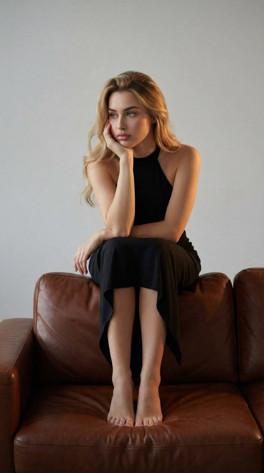 Melancholic Woman on Leather Couch