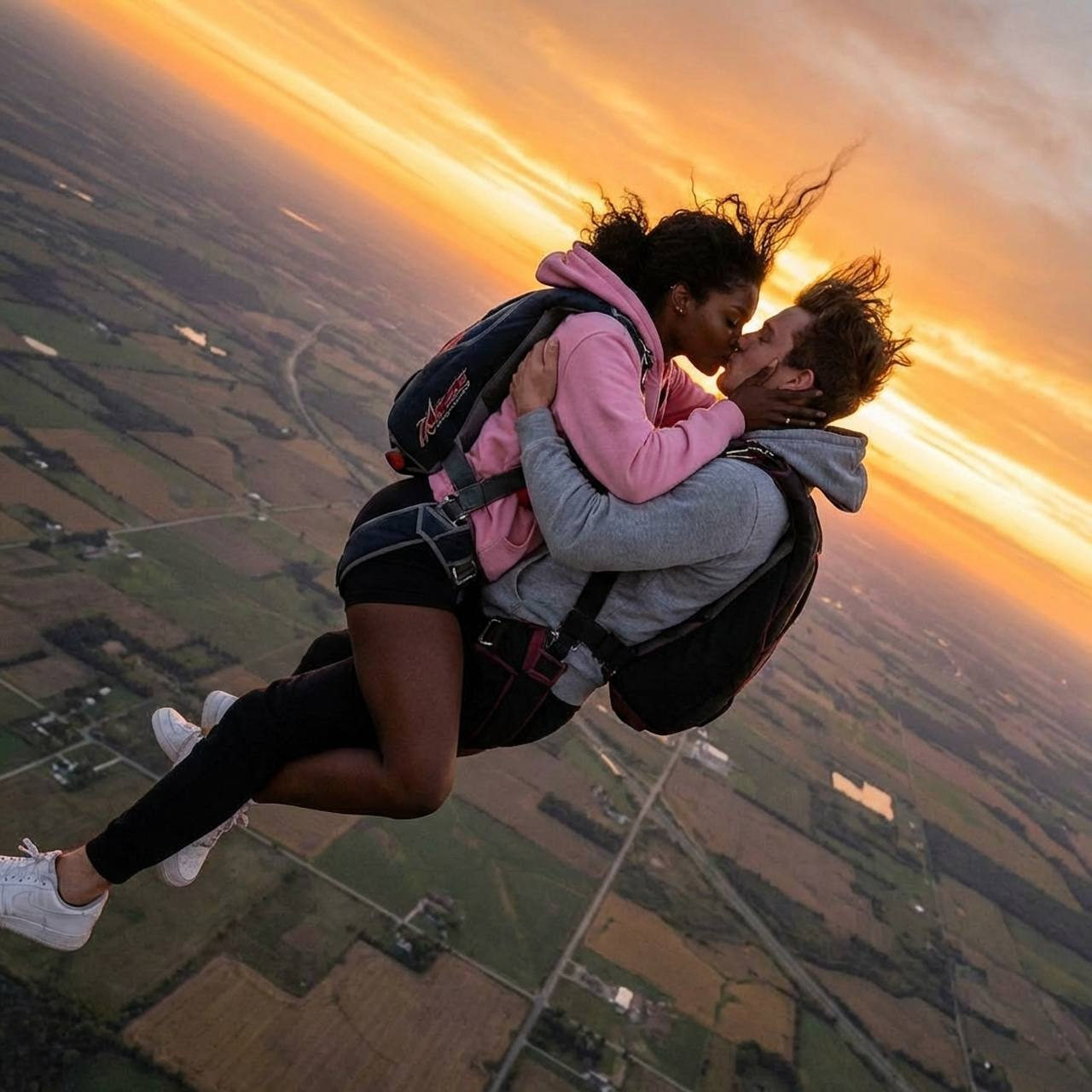 Skydivers' Passionate Freefall Kiss
