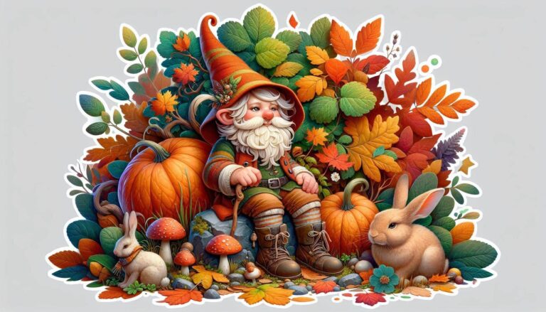 Autumn Gnome Sticker with Mushrooms & Rabbit