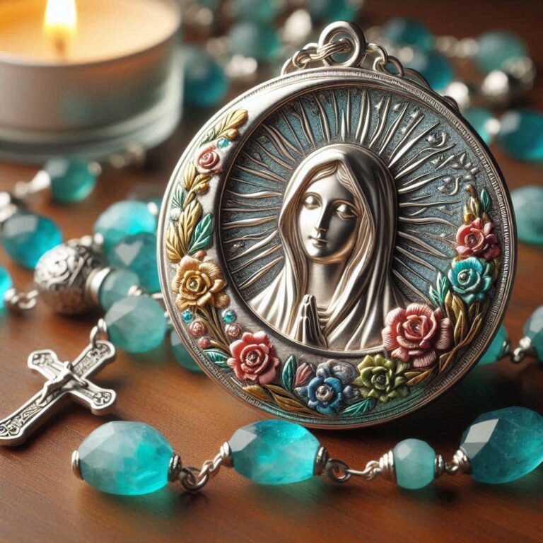 Aquamarine Rosary with Floral Moon Centerpiece