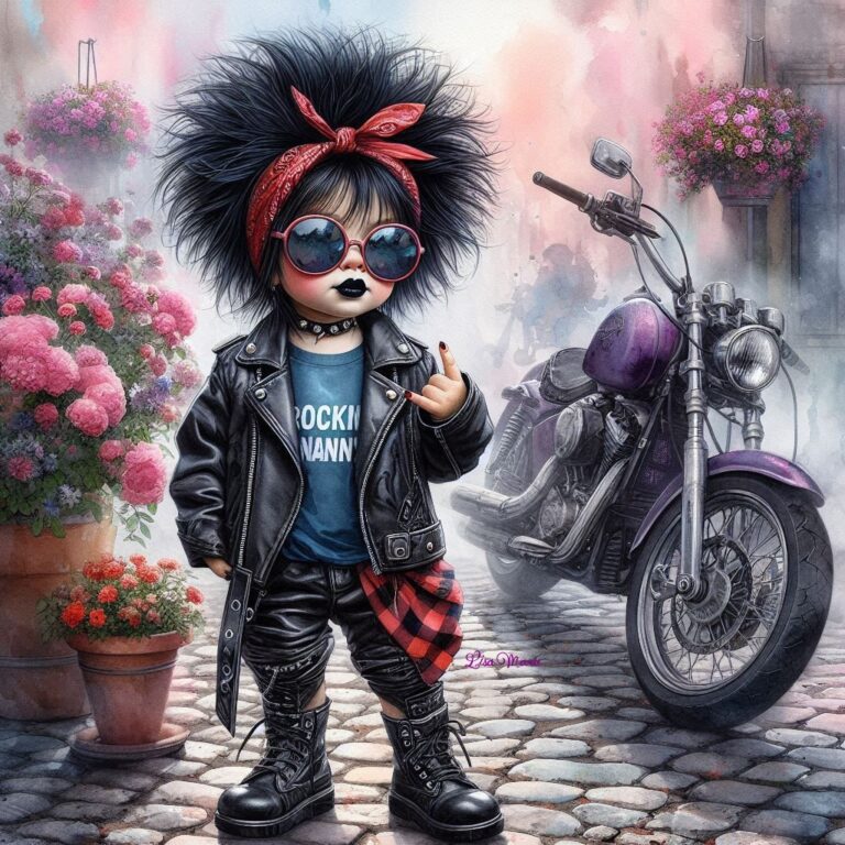 Rockstar Girl with Purple Motorcycle Watercolor