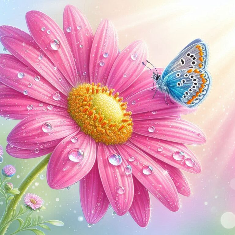 Pink Daisy with Dewdrops and Butterfly