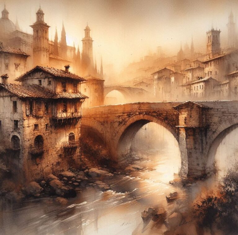 Misty Italian cityscape golden hour
