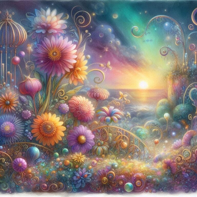 Whimsical pastel fantasy garden flowers