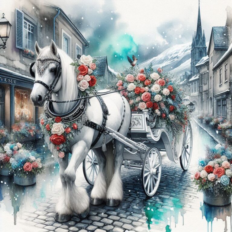Whimsical wedding carriage watercolor art