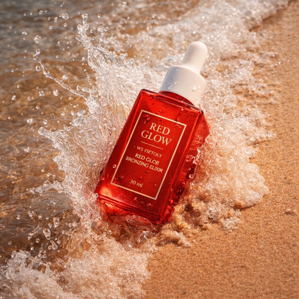 Red Serum Bottle on Golden Beach