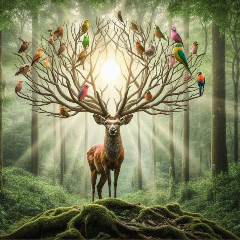 Deer with Tree-Like Antlers Birds