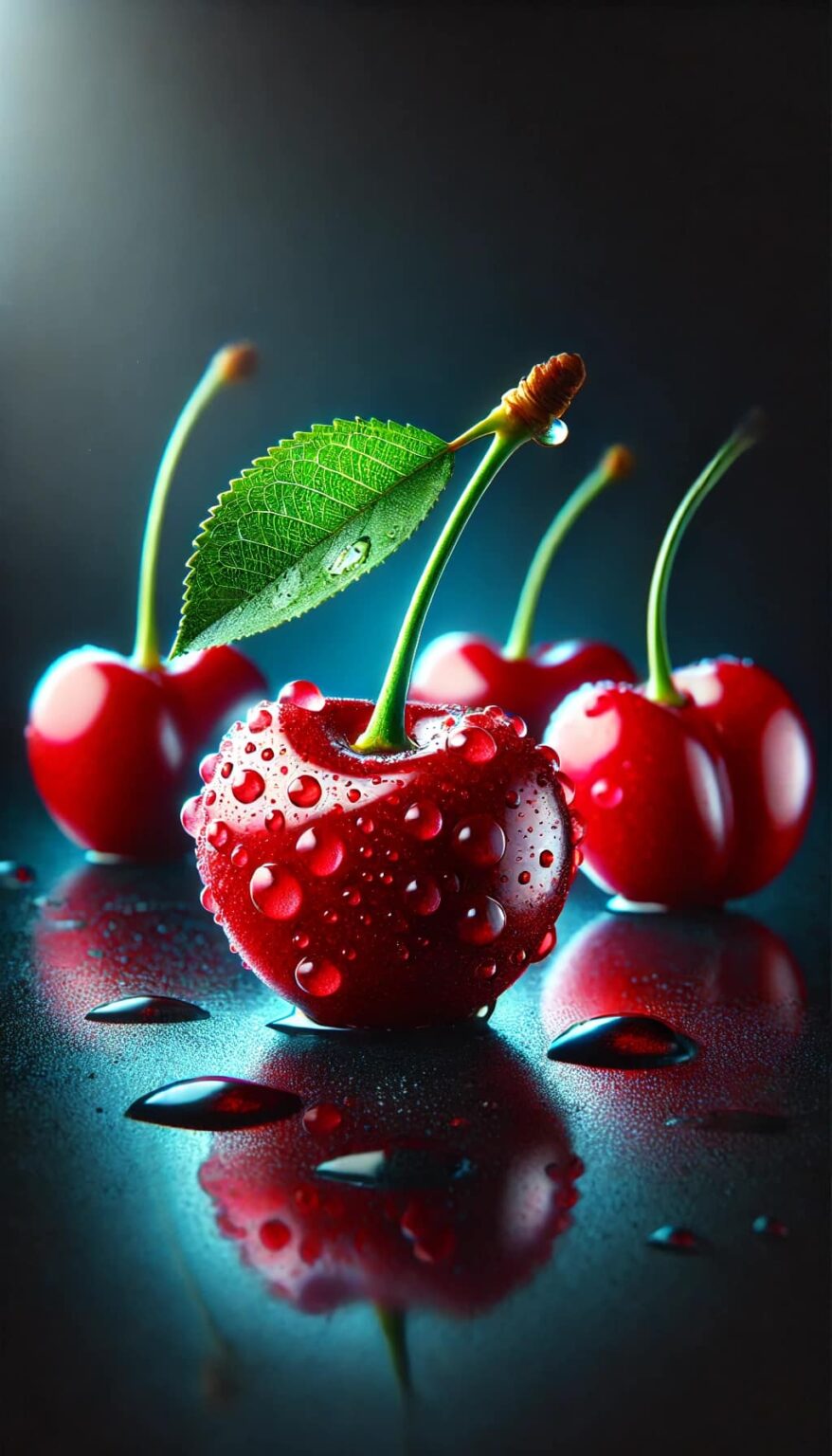 Glossy Red Cherries with Water Drops
