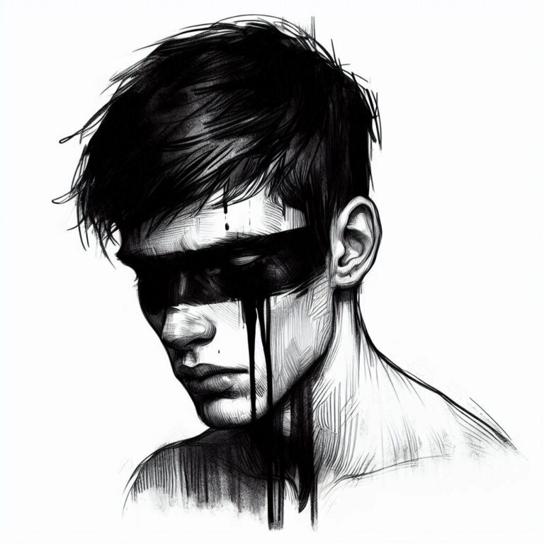 Expressive Sad Man with Painted Stripe
