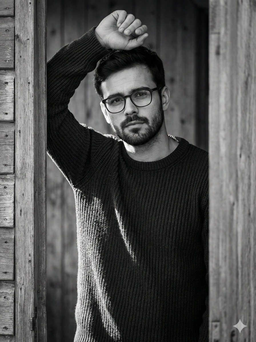 Cinematic B&W Doorway Portrait