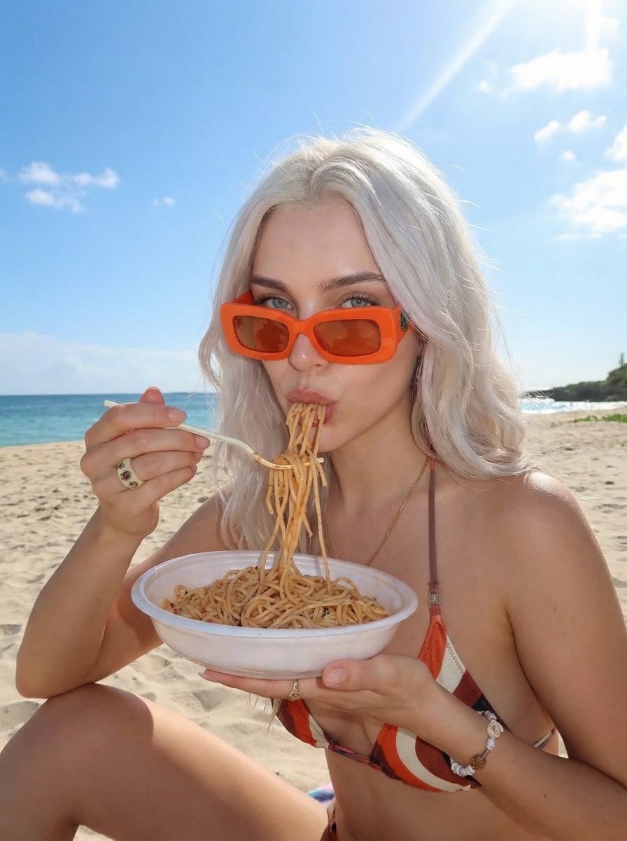 Playful Beach Noodle Slurp Moment