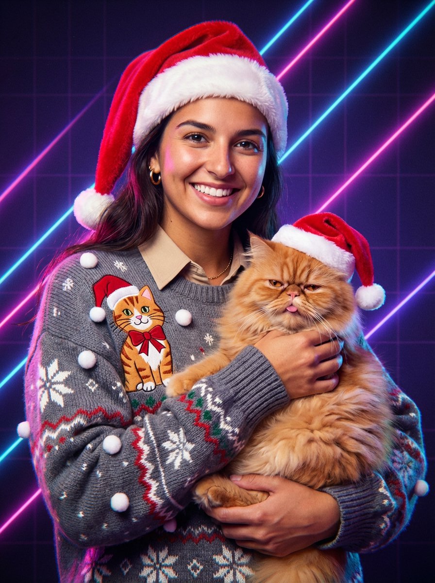 Retro Neon Christmas Cat Portrait