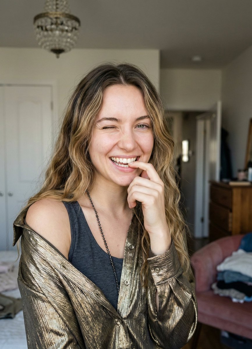 Playful Wink in Metallic Shirt