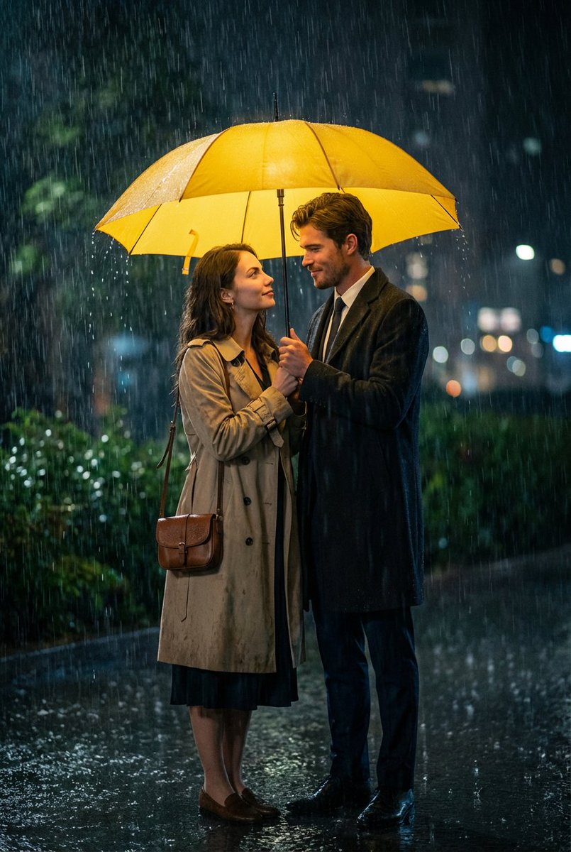 Romantic Rain Under Yellow Umbrella