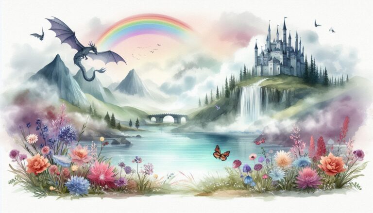 Fantasy Castle with Dragon and Rainb
