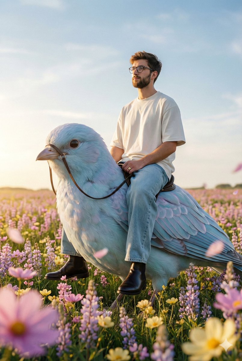 Boy Riding Giant Bird in Flower Field