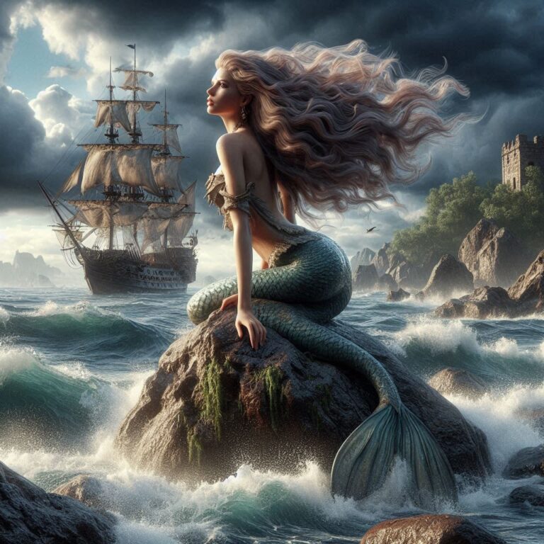 Mermaid on Rock Amidst Turbulent Sea