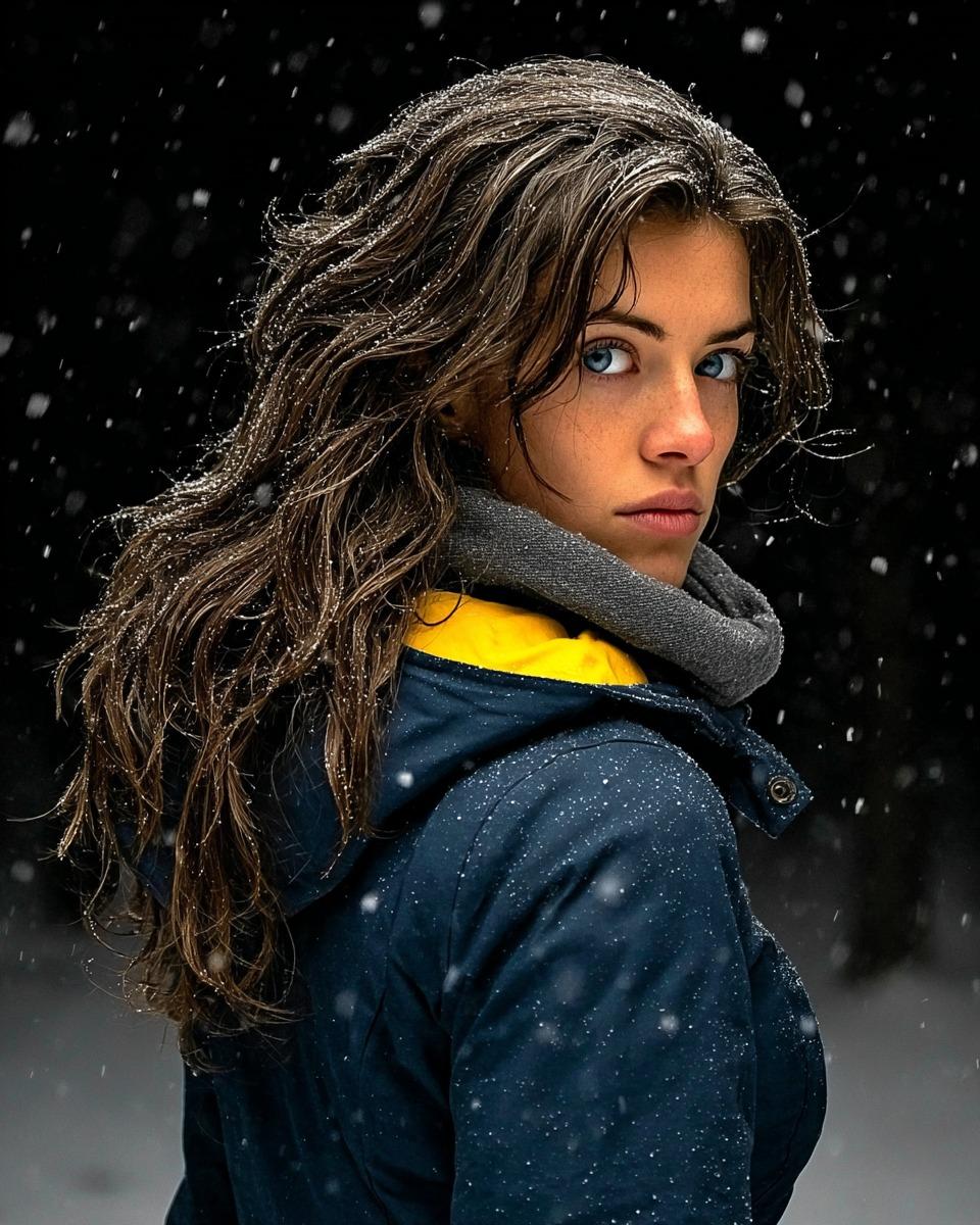 Cinematic Winter Portrait In Forest Snow