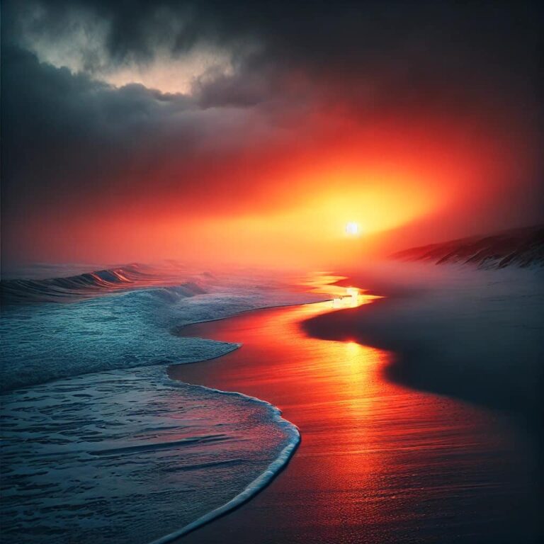 Misty Twilight Beach with Sunset