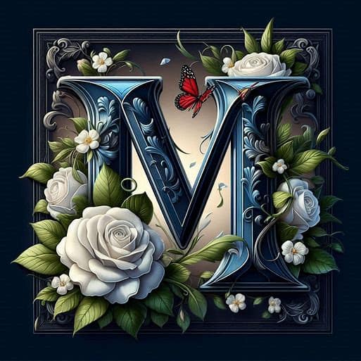 Ornate Blue & Black Letter “M” with Roses