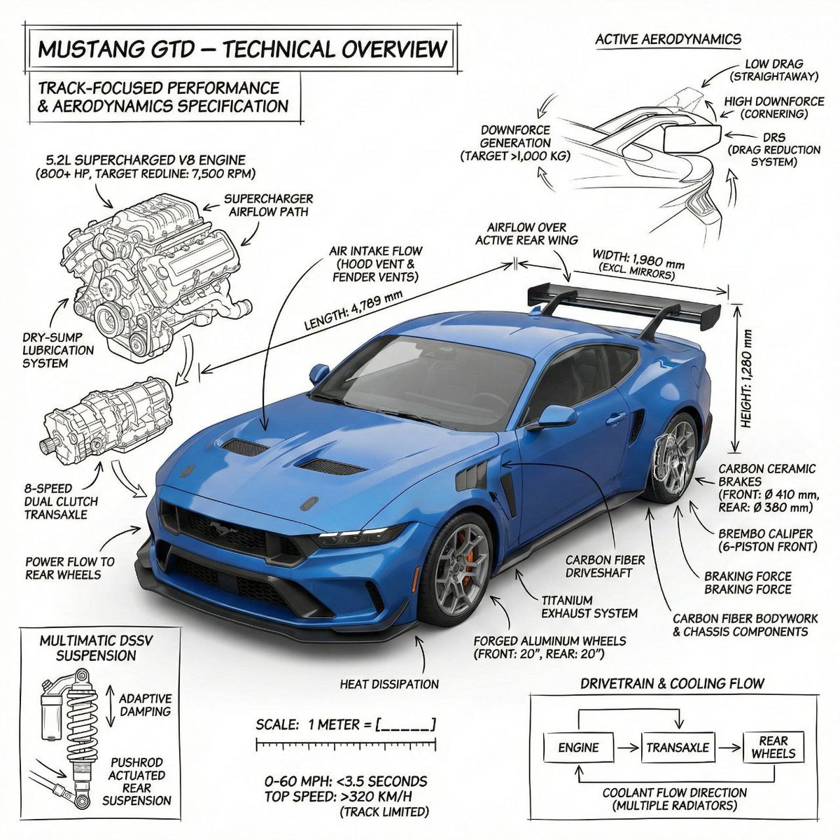 Mustang GTD Technical Blueprint Infographic