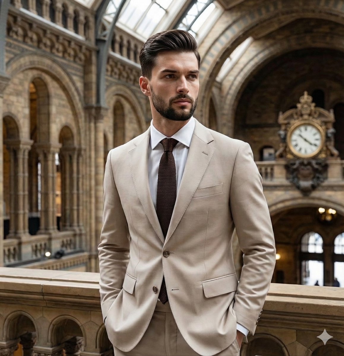Elegant Beige Suit Portrait In Archway