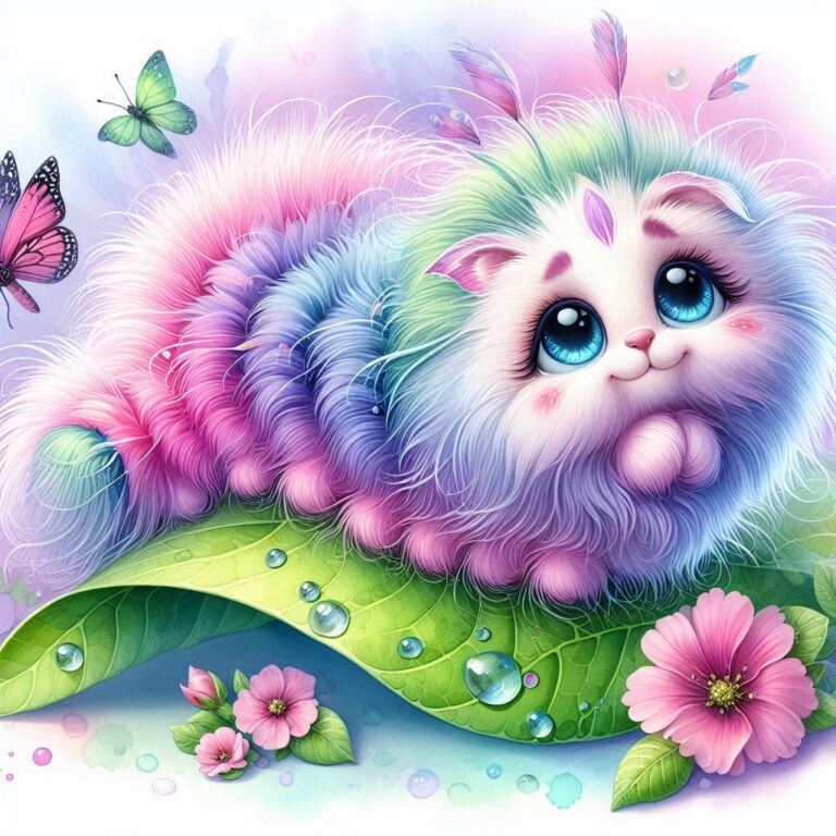 Fantasy Illustration: Fluffy Caterpillar with Butterfly