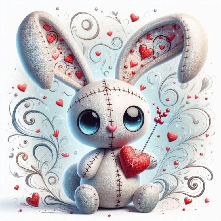 Plush Voodoo Bunny With Long Satin Heart-Pattern Ears