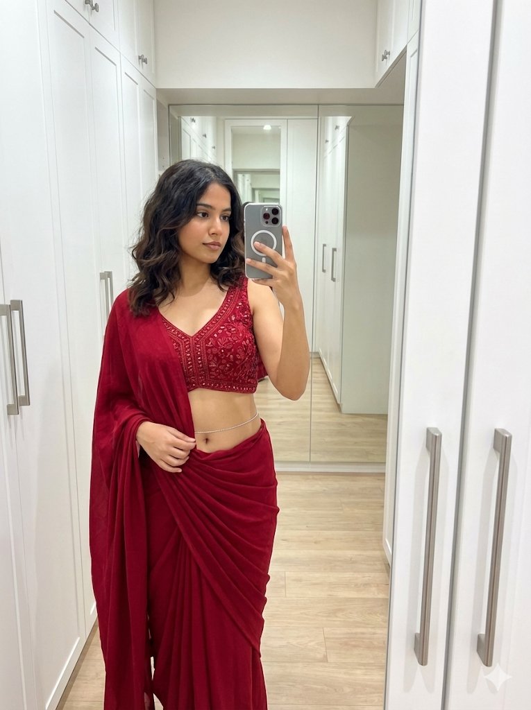 Crimson Saree Mirror Selfie