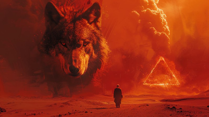 Man in Endless Desert with Red Wolf