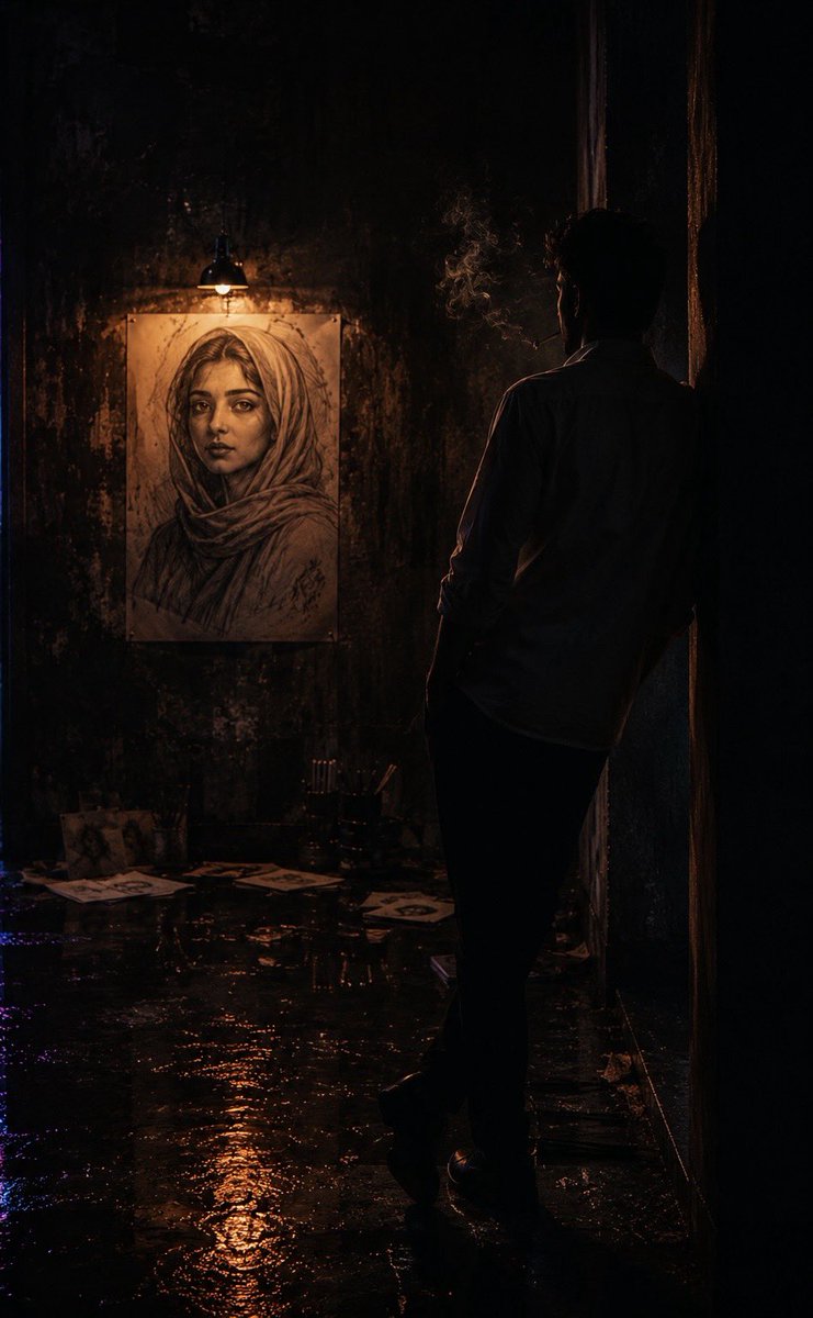 Neon Solitude Gazing at Her Portrait