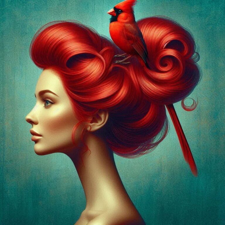 Woman with Red Hair and Cardinal, Teal Background