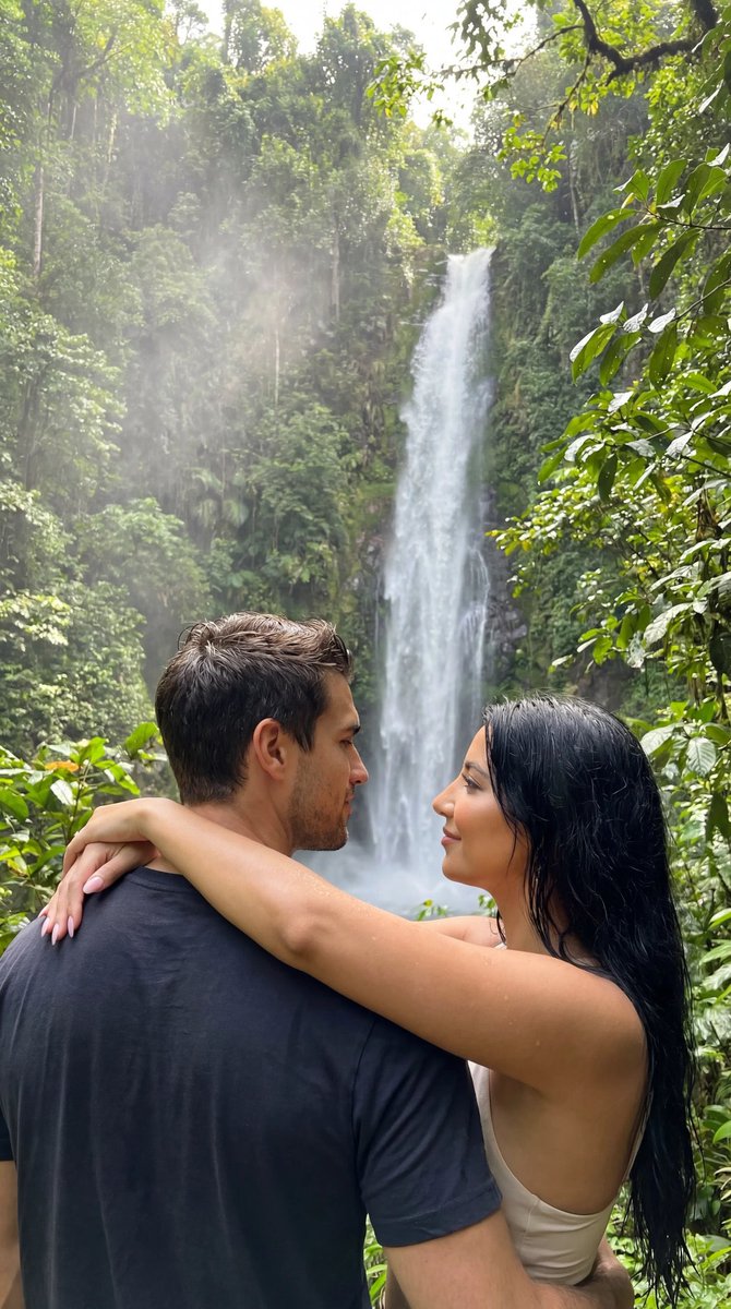 Tropical Waterfall Couple Embrace