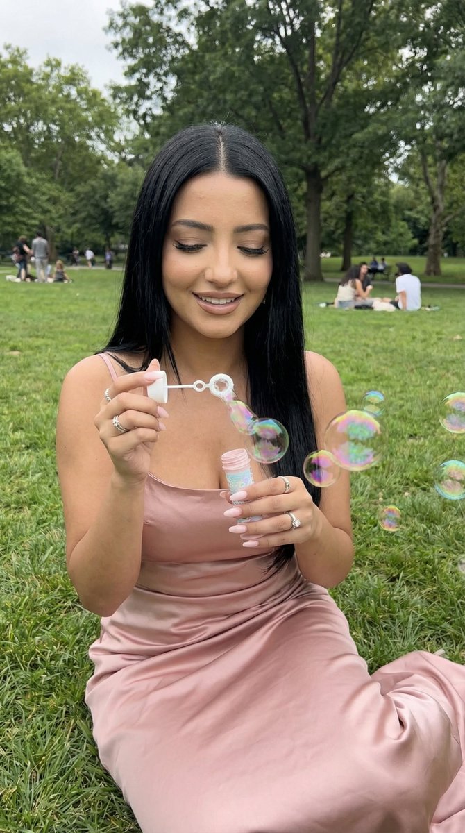 Woman Blowing Bubbles in Park