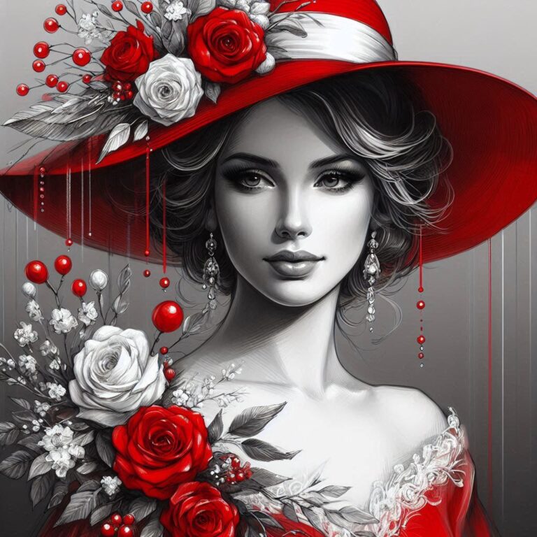 Elegant Woman in Red Hat and Dress