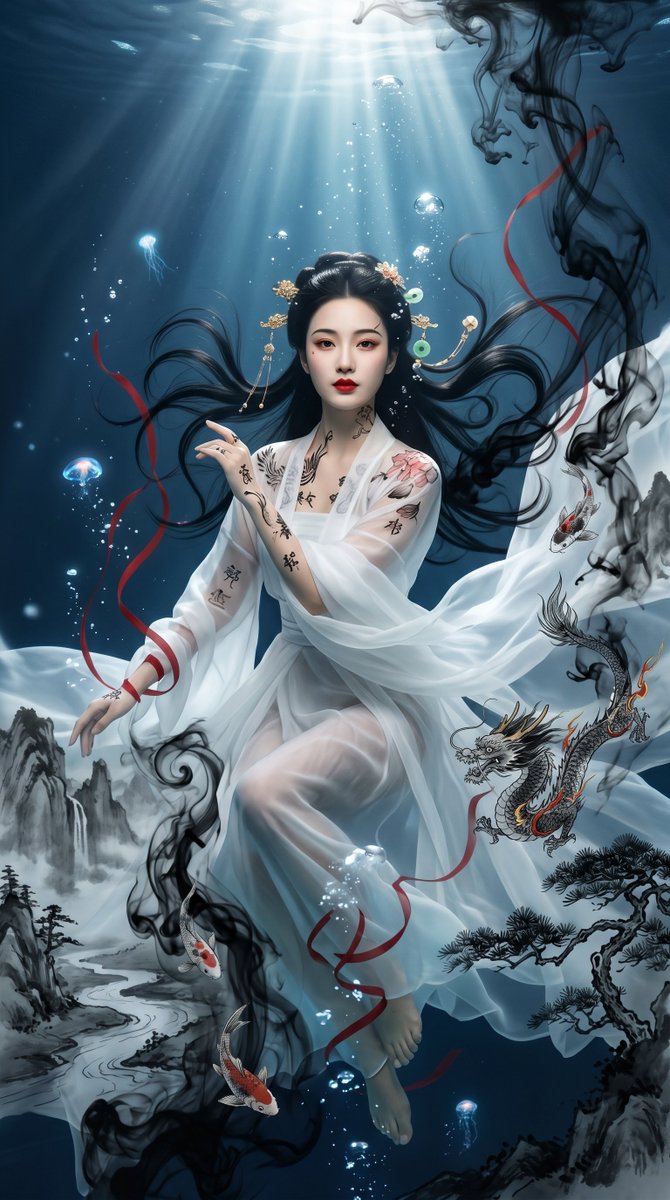 Ethereal Underwater Chinese Ink Portrait