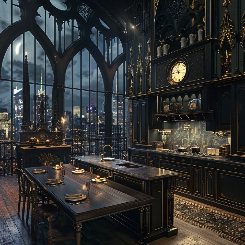 Gothic Medieval Kitchen with Night View