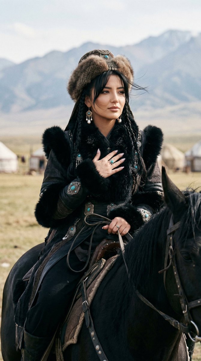 Noble Turkic Woman on Black Horse