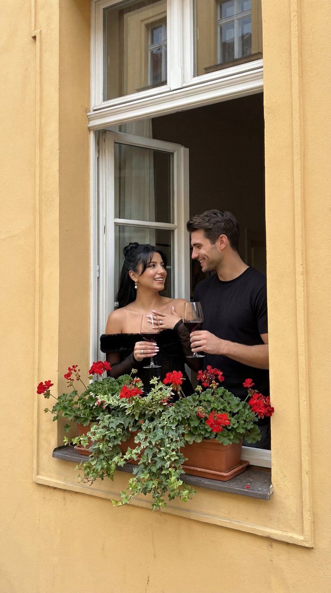 Romantic Couple Wine Yellow Facade