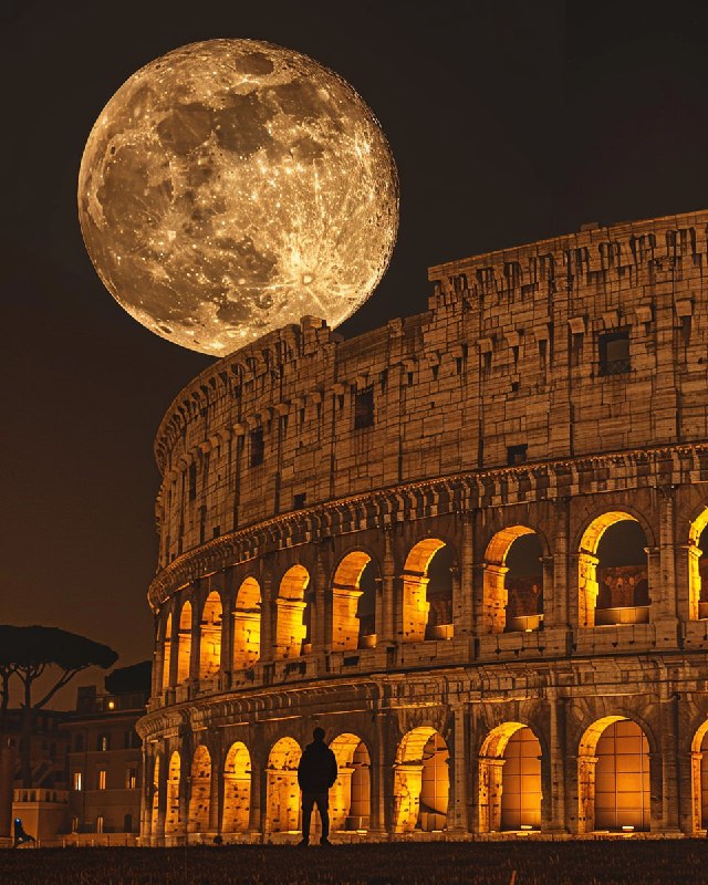 Person by Colosseum with Giant Moon