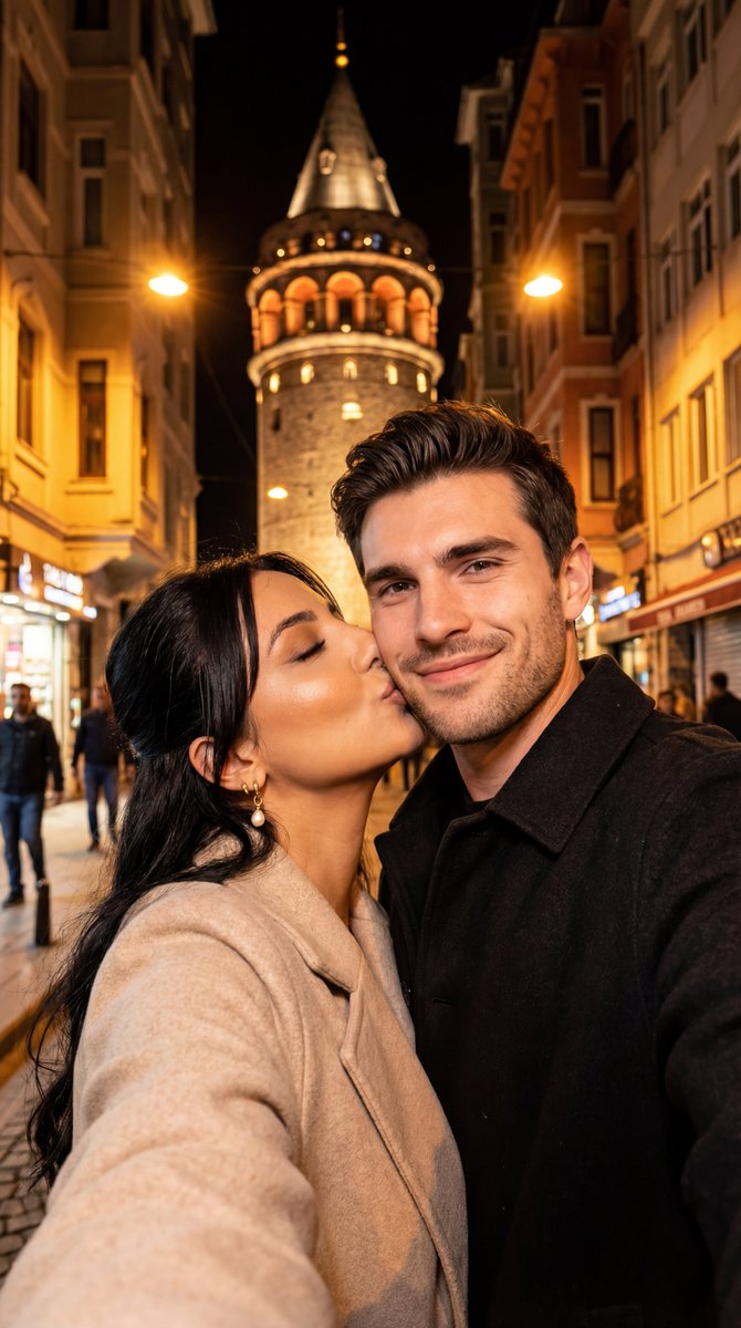 Galata Tower Night Selfie Kiss