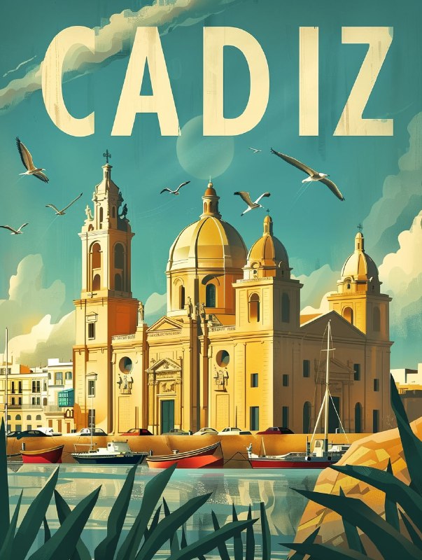 Cadiz Cathedral Vibrant Retro Travel Poster