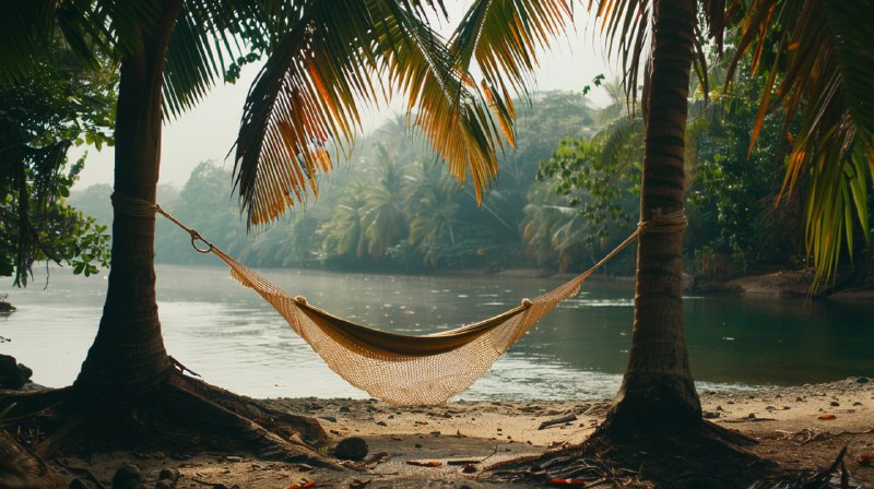 Hammock Swaying Between Palm Trees on Beach