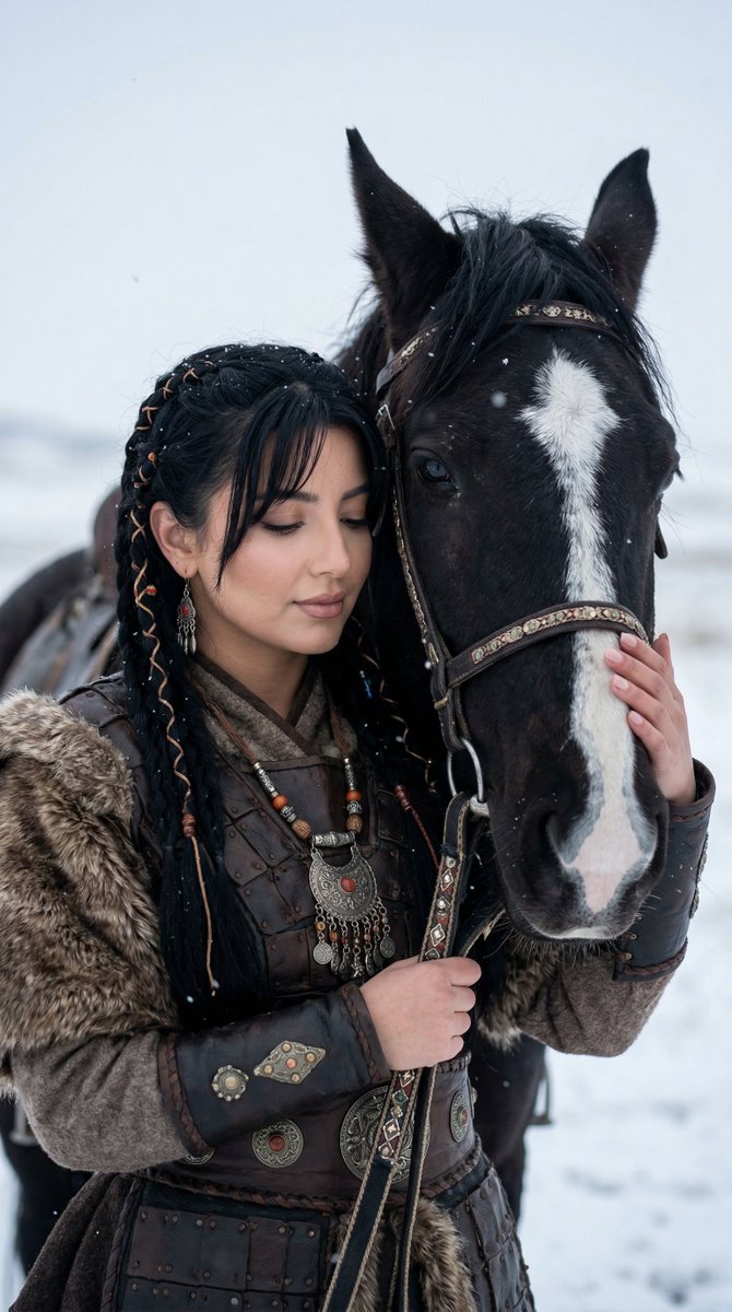 Turkic Woman Horse Bond Snow