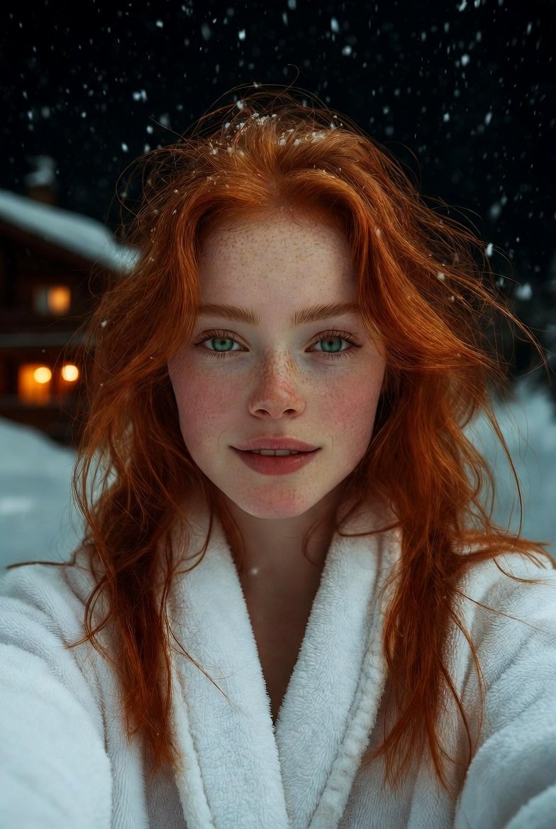 Snowy Night Bathrobe Selfie Portrait