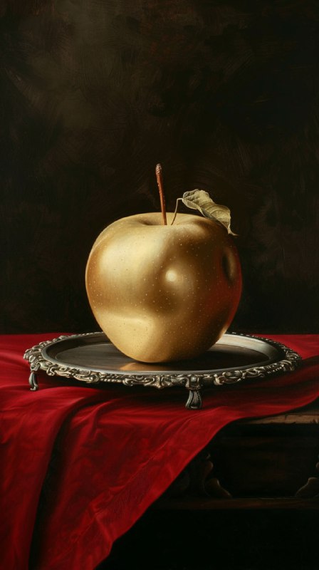 Golden Apple on Engraved Silver Platter