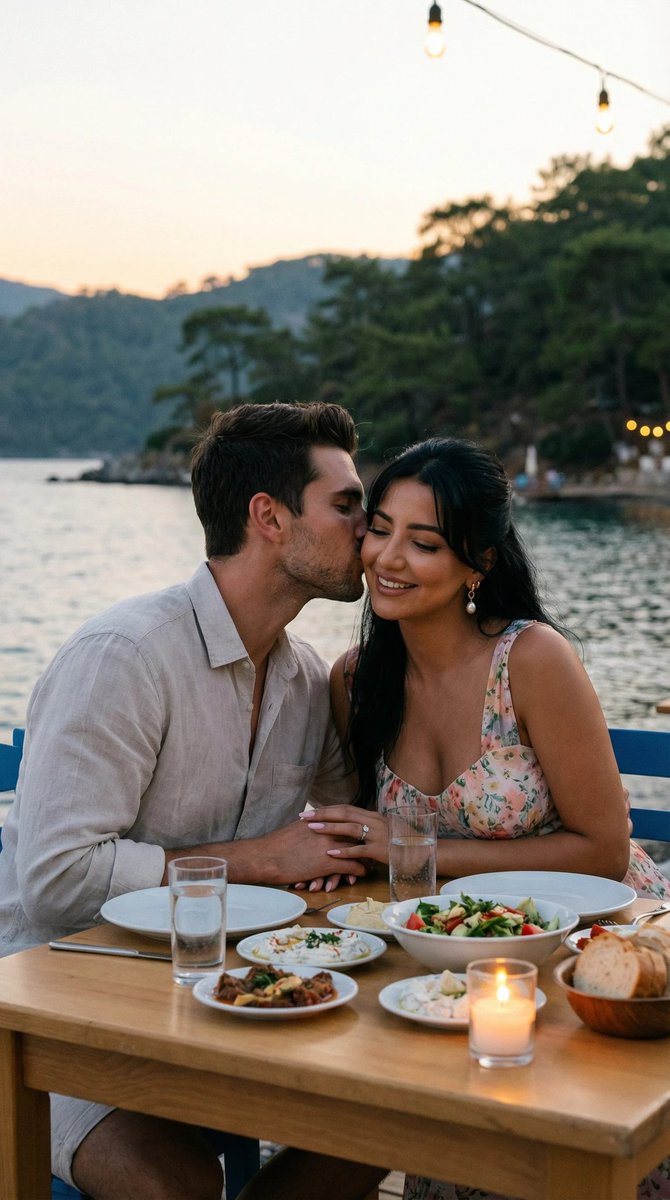Seaside Dinner Cheek Kiss Moment